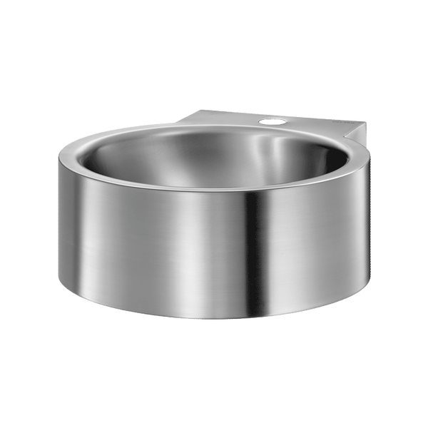 Rundes Edelstahl-Waschbecken zur Wandmontage mit Hahnloch.