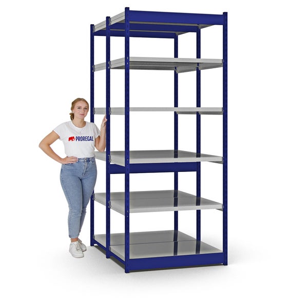 PROREGAL Fachbodenregal Stecksystem Vierkant-Profil Grundregal HxBxT 250 x 102,5 x 60 cm 2x6 Ebenen Doppelseitige Bauart Fachlast 200 kg Enzianblau