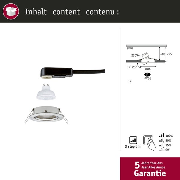 Inhalt: Einbaustrahler, LED-Lampe, Anschlussbox. Durchmesser 84 Millimeter, Ausschnitt 68 Millimeter, schwenkbar, 3-Stufen-Dimmbar, 5 Jahre Garantie.