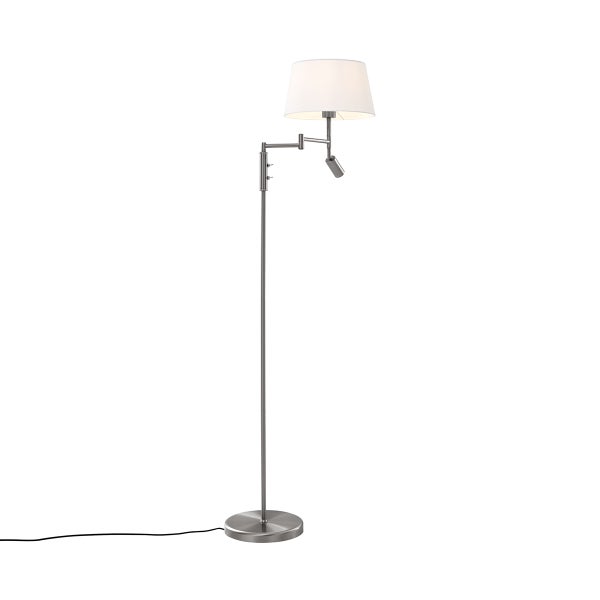 QAZQA - Retro Stehleuchte I Stehlampe I Standleuchte I Lampe I Leuchte aus Stahl I Silber I nickel matt mit weißem Schirm und verstellbarer Leselampe – Ladas I Wohnzimmer I Schlafzimmer - Stahl Längli