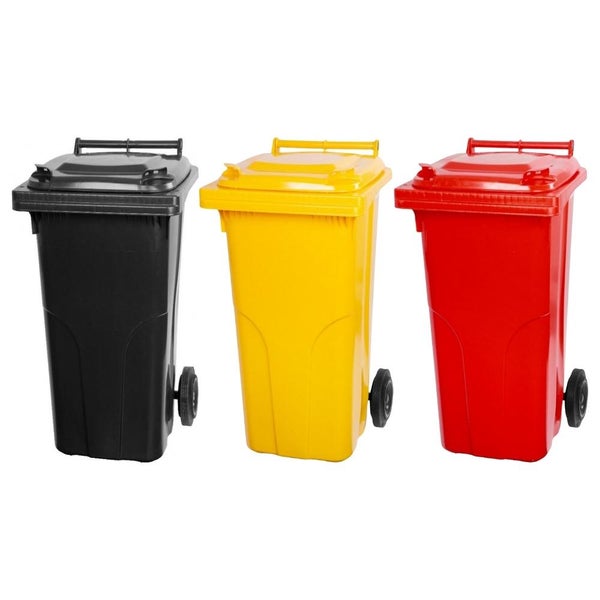 PROREGAL SuperSparSet 3x 2-Rad-Mülltonne Mgb HDPE-Kunststoff 120 Liter Grau/Schwarz & Gelb & Rot