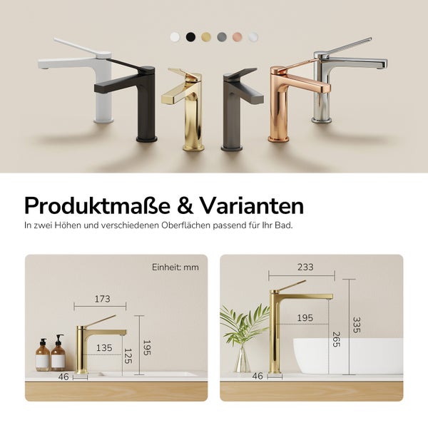 Einhandmischer für das Badezimmer in verschiedenen Oberflächen und zwei Höhen mit technischen Zeichnungen und Maßangaben in Millimetern.