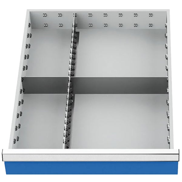 Metall-Schubladeneinteiler Set mit Trennwänden für vier Fächer in einer blauen Werkstattschublade.
