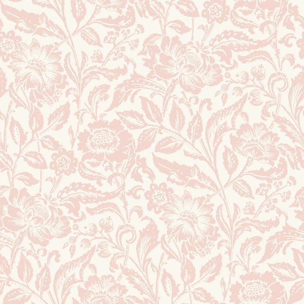 Tapete mit rosa floralem Muster und botanischen Motiven im Vintage Stil.