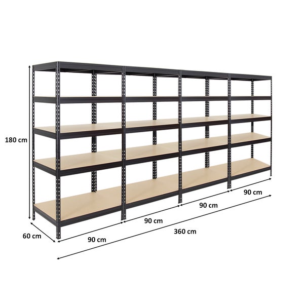 PROREGAL Mega Deal 4x Schwerlastregal Rivet HxBxT 180 x 90 x 60 cm Fachlast 250 kg Schwarz