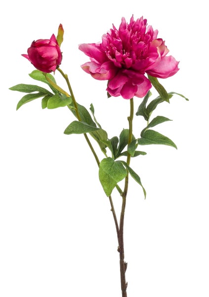 Künstliche Pfingstrose in Pink mit einer Blüte, einer Knospe und grünen Blättern.
