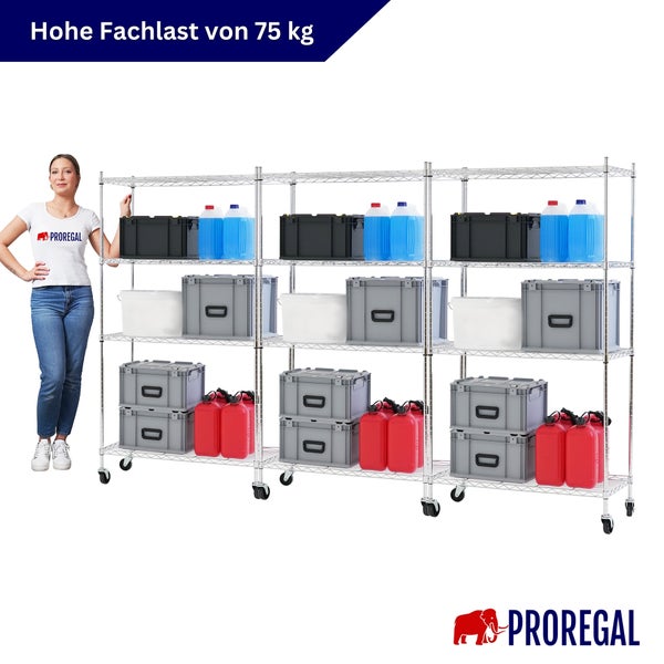Proregal Logo, drei verbundene fahrbare Drahtgitterregale aus Chrom mit einer Fachlast von 75 Kilogramm, beladen mit diversen Lagerbehältern.