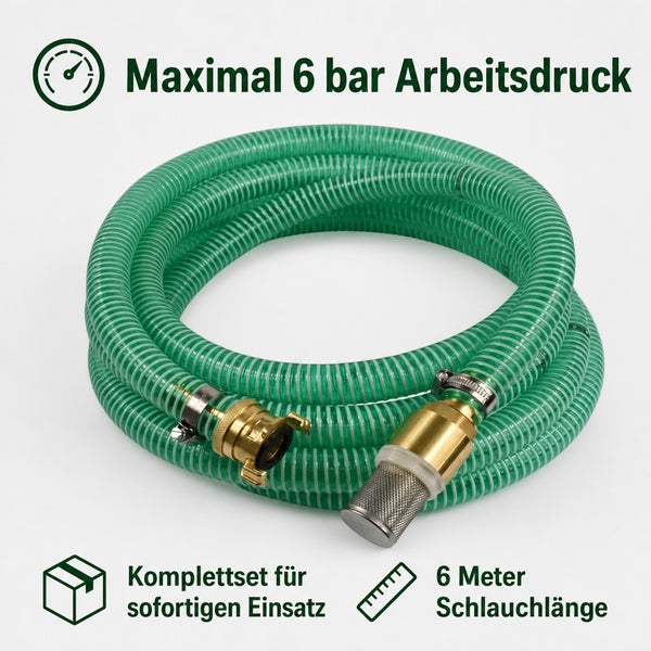 Saugschlauch mit 6 Meter Länge für 6 bar Arbeitsdruck, inklusive Anschluss und Saugkorb, fertig montiertes Komplettset.