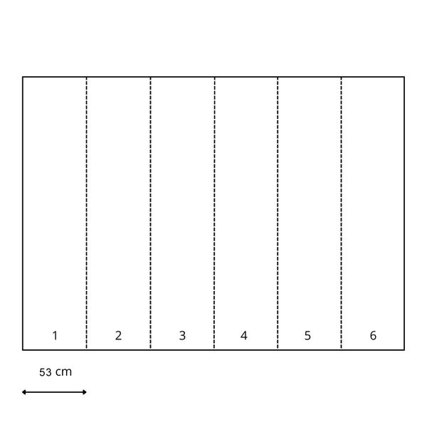 Schematische Darstellung einer Tapete mit sechs Bahnen und einer Breite von 53 cm.