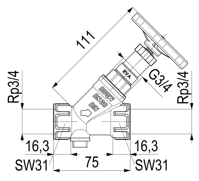 Technische Zeichnung Schrägsitzventil: Nennweite 20, Rp drei-viertel Zoll Gewinde, Länge 111 und 75 Millimeter, DVGW zertifiziert.