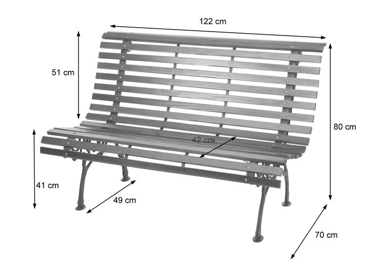 Gartenbank aus Holzlamellen und Metall mit Maßangaben: Breite 122 Zentimeter, Höhe 80 Zentimeter, Tiefe 70 Zentimeter.