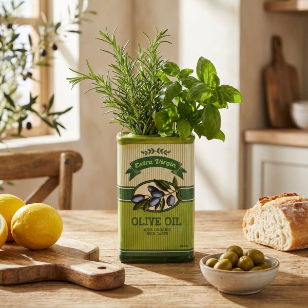 Keramik-Übertopf in Form einer Olivenöl-Dose mit Rosmarin und Basilikum auf einem Holztisch mit Zitronen, Brot und Oliven.