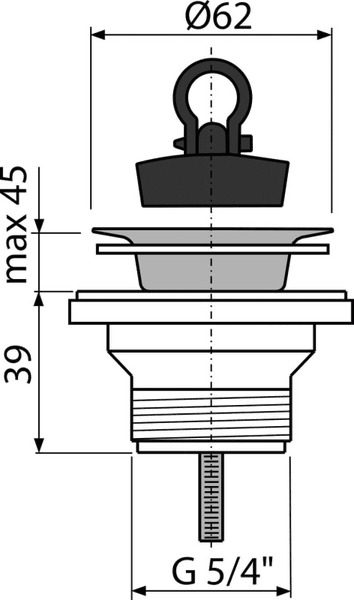 Maßzeichnung einer Ablaufgarnitur mit Stopfen, Durchmesser 62 Millimeter, Gewinde G 5/4 Zoll.