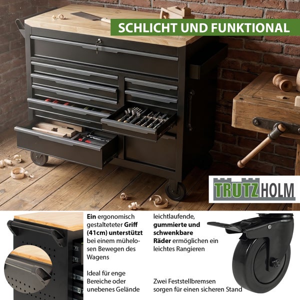 Trutzholm Werkstattwagen mit Holzplatte, mehreren Schubladen, ergonomischem Griff und gummierten Rollen. Trutzholm Logo.