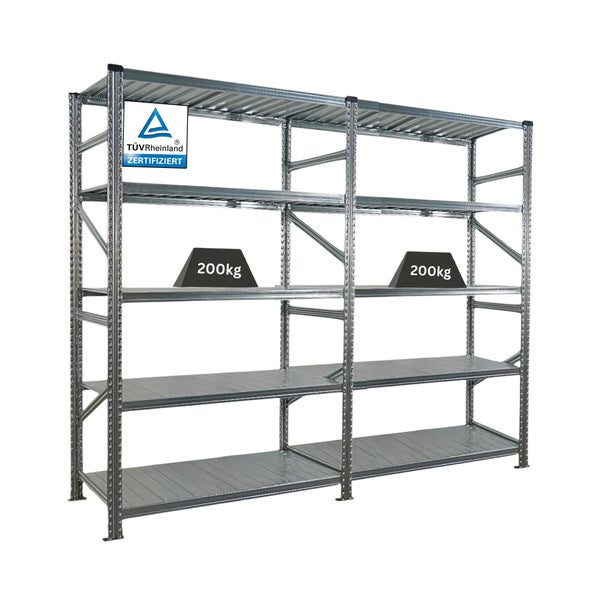 Regalsystem aus Metall mit TÜV Rheinland Zertifizierung und Belastbarkeit von 200 kg