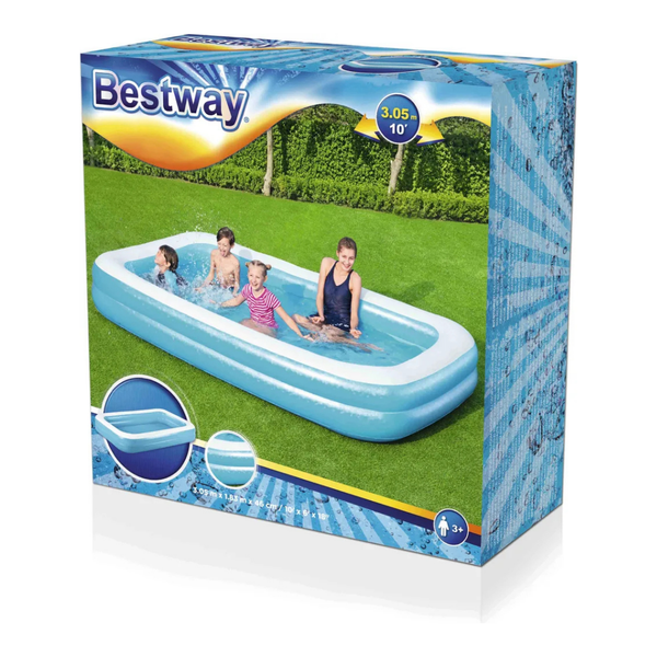 Bestway Logo, Verpackung eines rechteckigen aufblasbaren Familienpools, 3,05 Meter mal 1,83 Meter mal 46 Zentimeter.