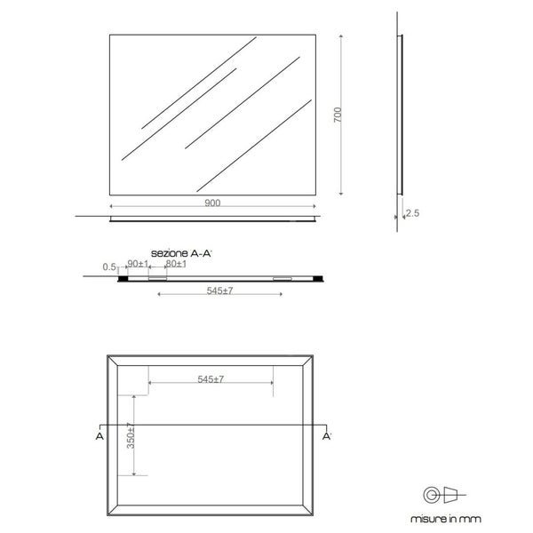 Technische Zeichnung eines rechteckigen Spiegels mit den Maßen 900 mal 700 Millimeter, Darstellung von Vorder- Seiten- und Rückansicht.