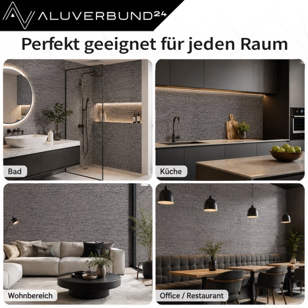 Anwendungsbeispiele fuer Aluverbundplatten im Badezimmer, Kueche, Wohnzimmer und Restaurantbereich als Wandverkleidung mit Steinoptik.