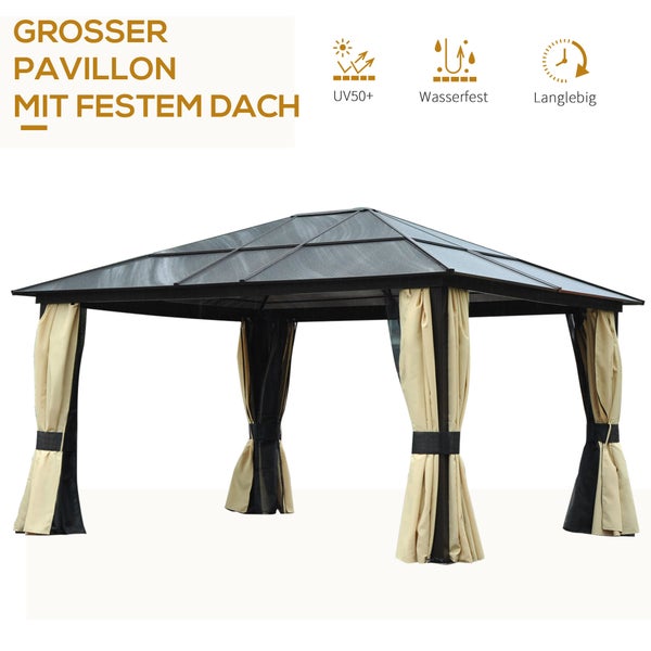 Outsunny Pavillon, Gartenpavillon, 420 x 360 x 275 cm, Alu ,PC, Schwarz+Braun+Beige