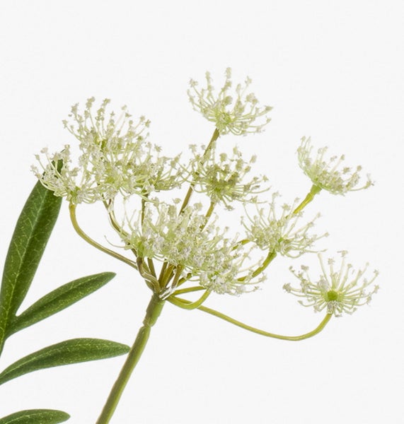 Detailaufnahme einer künstlichen Pflanze mit weißen Doldenblüten und grünen Blättern.