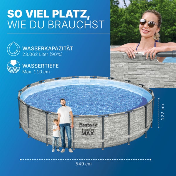Bestway Steel Pro MAX Frame Pool, Steinwand-Optik, Durchmesser 549 Zentimeter, Höhe 122 Zentimeter, Kapazität 23062 Liter, Personen zur Größenansicht.