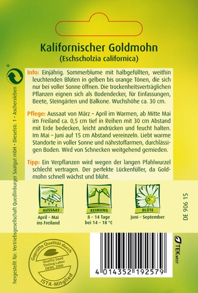 Rückseite einer Samentüte für Kalifornischen Goldmohn mit Hinweisen zu Aussaat, Keimung und Blütezeit sowie Barcode und TEKWEST Logo.