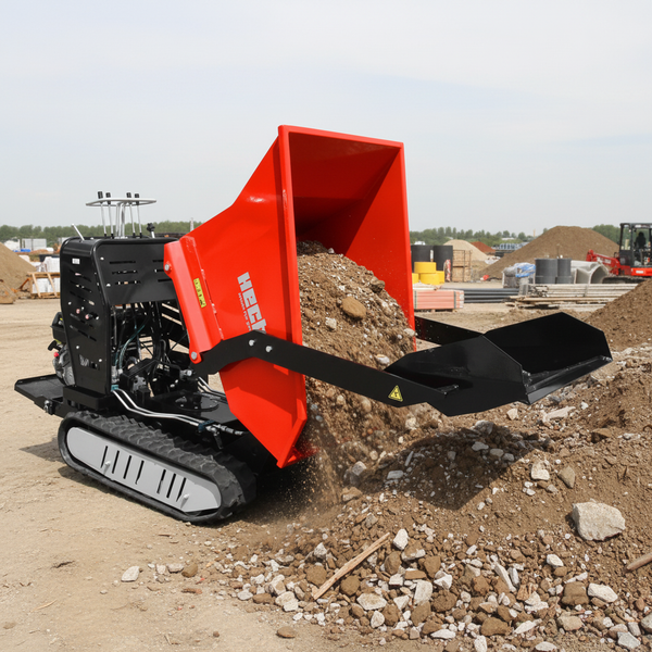 Hecht Kettendumper mit roter Kippmulde beim Entladen von Erde und Schotter auf einer Baustelle. Motorisierter Mini dumper mit Selbstladeschaufel.