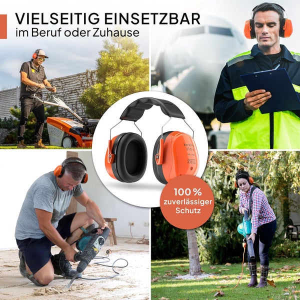 Senner ® WorkPro Ultra | Gehörschutz für Arbeit und Freizeit – Größenverstellbare Ohrenschützer - Hochwertige Lärmschutz Kopfhörer mit SNR von 34 dB - Kapselgehörschutz Schwarz/Orange - Unisex
