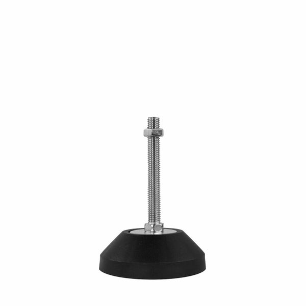 Höhenverstellbarer Stellfuß mit Gewindebolzen aus Metall und schwarzem Kunststofffuß.