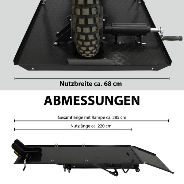 Abbildung der Abmessungen einer Motorradhebebühne
