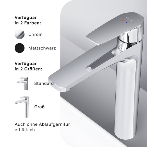 Einhebel Waschtischarmatur von AM PM in glänzendem Design, erhältlich in zwei Farben und zwei Größen, optional ohne Ablaufgarnitur.