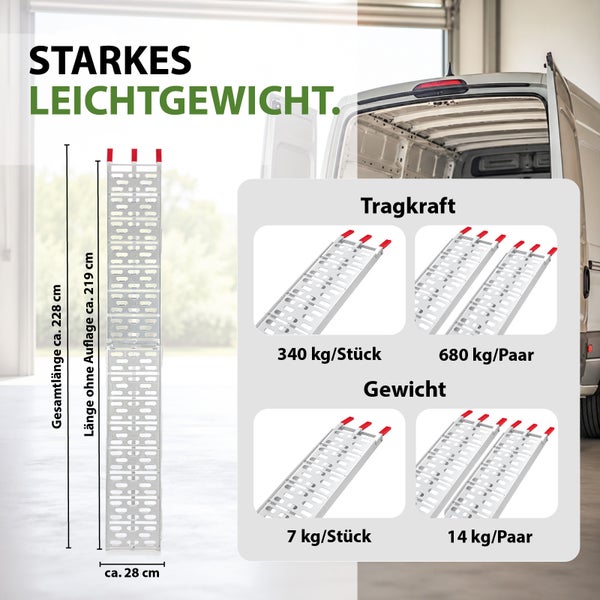 Klappbare Aluminium Auffahrrampe, circa 228 Zentimeter lang, 28 Zentimeter breit, Tragkraft 340 Kilogramm, Gewicht 7 Kilogramm.