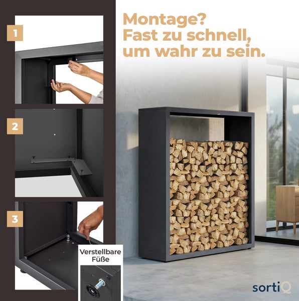 Infografik zur Montage eines schwarzen Metall-Brennholzregals mit drei Schritten und verstellbaren Füßen. SortiQ Logo.