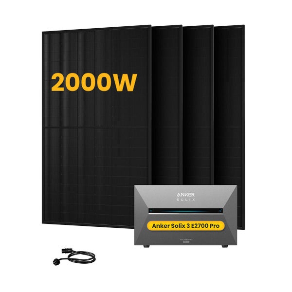 Anker Solix Balkonkraftwerk 2000 Watt mit vier Solarpanels, Anker Solix 3 E2700 Pro Solarbank und Anschlusskabel.