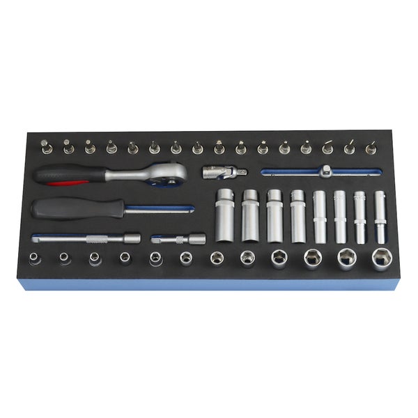 PROREGAL Werkzeug Satz Werkstattwagen Cheetah Steckschlüssel Garnitur 1/4 42 Teile mit Schaumstoff Schubladeneinlage HxBxT 4,6 x 34 x 12,5 cm