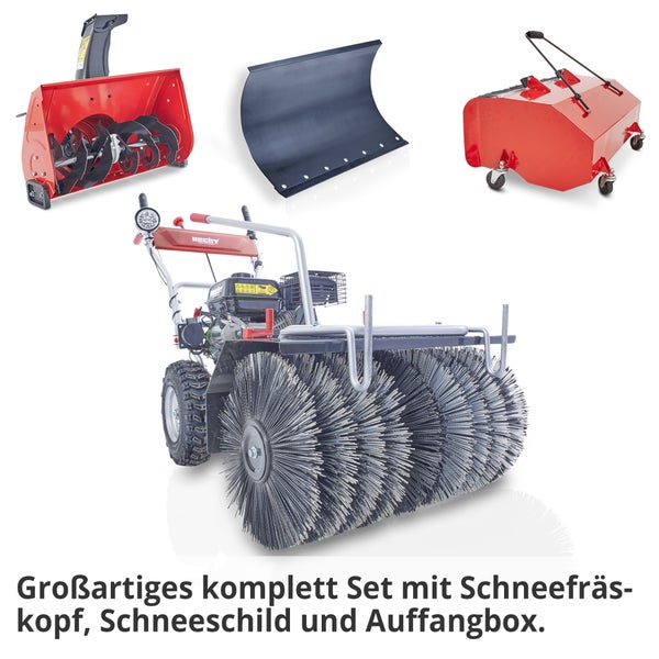 Kehrmaschine mit Schneeräumschild, Schneefräse und Auffangbehälter