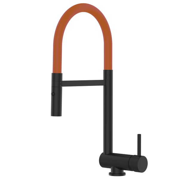 Wasserhahn Vorfenster Küchenarmatur, Umklappbar 6 CM, mit 360° schwenkbarem Auslauf, abnehmbare 2 strahl Handbrause, Schwarz Matt / Orange