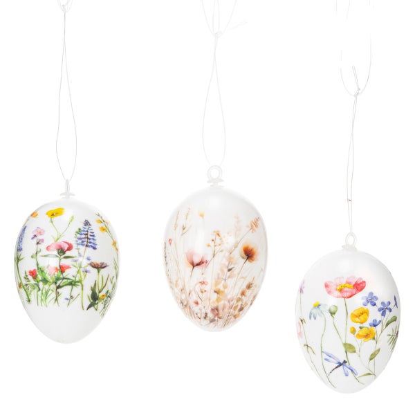 Drei dekorative Ostereier mit Blumenmotiven zum Aufhängen