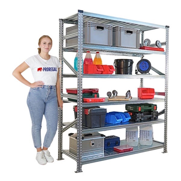 Regal mit mehreren Ablagen, gefüllt mit Aufbewahrungsboxen, Werkzeugkästen und anderen Gegenständen, neben einer Frau