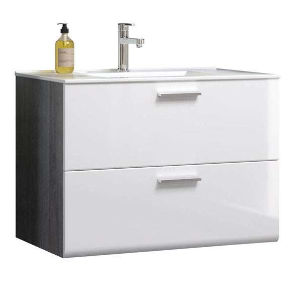 Riva Waschbeckenunterschrank 2 Schubladen, weiß Hochglanz, grau. 82 X 47 X 59 cm