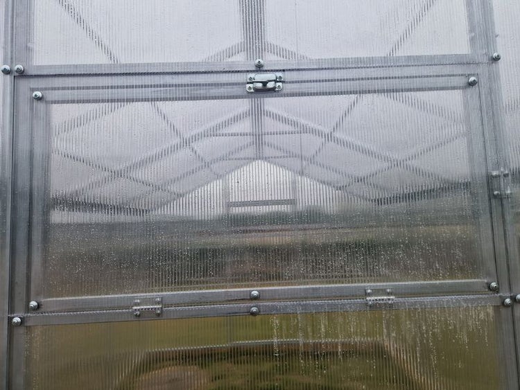 Detailansicht Gewächshausfenster mit transparenten Scheiben und Metallrahmen