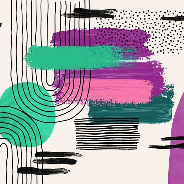 Abstrakte Illustration mit Kreisen, Linien und Farbflächen