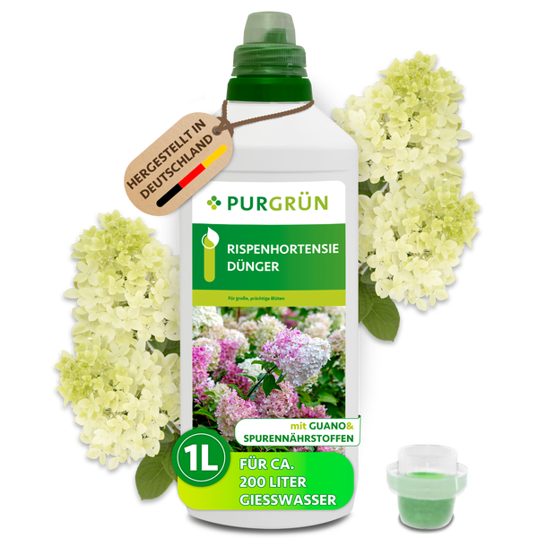 Purgrün Rispenhortensie Dünger Flüssigdünger mit Guano in einer 1 Liter Flasche für circa 200 Liter Gießwasser, hergestellt in Deutschland.