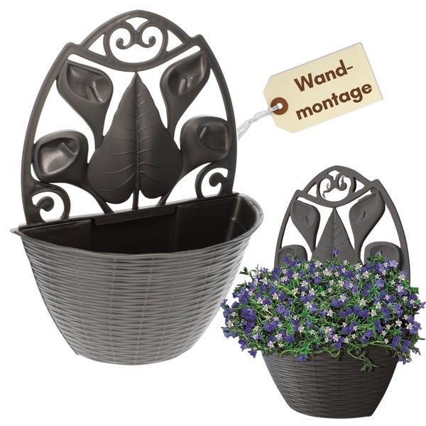 Wandhalter Pflanztopf mit Pflanzenmotiv und Hinweis zur Wandmontage