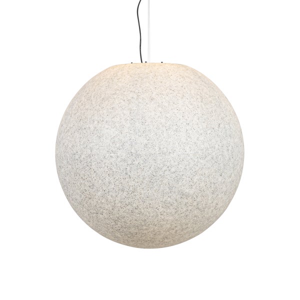 Pendelleuchte in Kugelform mit Granitoptik und Seilaufhängung.