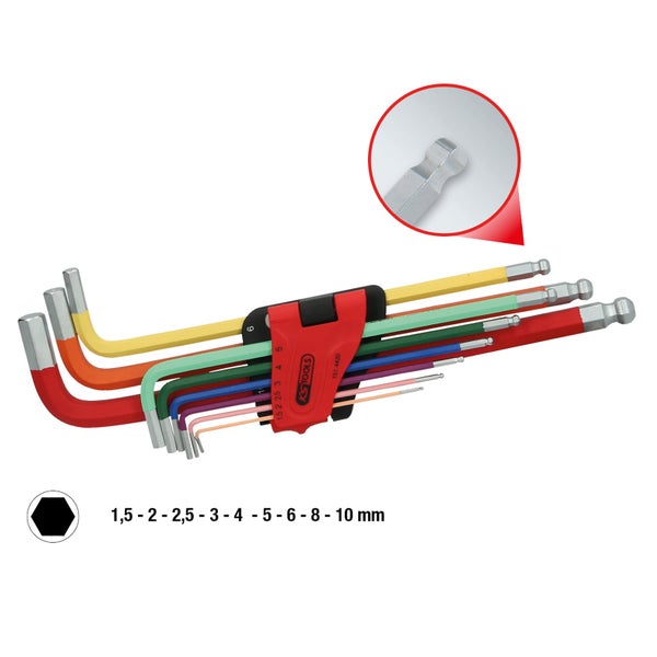 KS Tools Winkelschlüsselsatz Sechskant mit Kugelkopf, 9-teilig, 1,5 bis 10 Millimeter, farbcodiert, inklusive Halter.