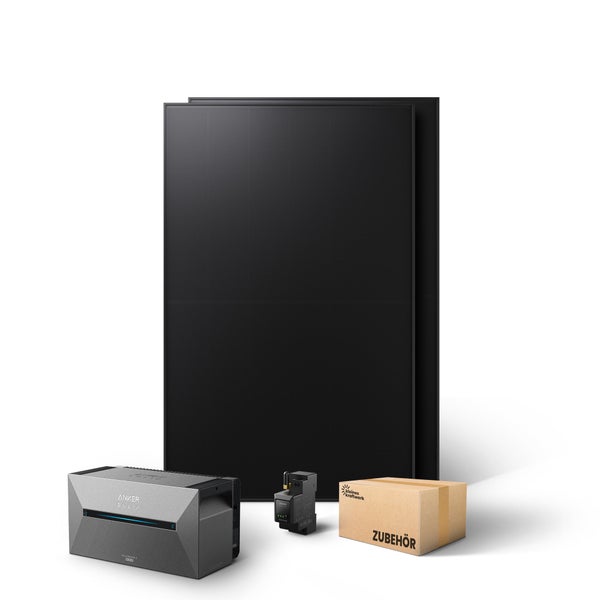 Balkonkraftwerk Komplettset bestehend aus zwei Solarmodulen, Anker SOLIX Solarbank 2 Pro Speicher, Smart Meter und Zubehörbox von Kleines Kraftwerk.