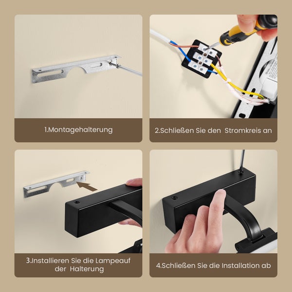Montageanleitung für eine Wandleuchte in vier Schritten: Montagehalterung anbringen, Stromkreis anschließen, Lampe auf der Halterung installieren und Installation abschließen.