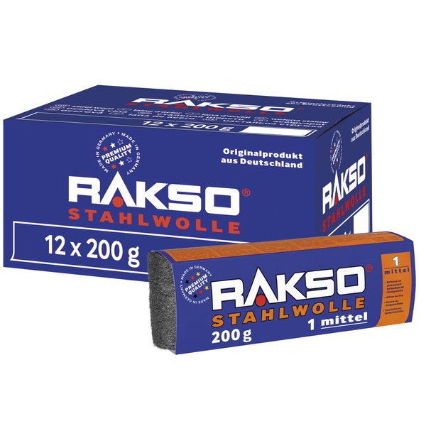 Rakso Stahlwolle Sorte 1 mittel, Vorratspackung mit 12 mal 200 Gramm und eine Einzelpackung mit 200 Gramm.