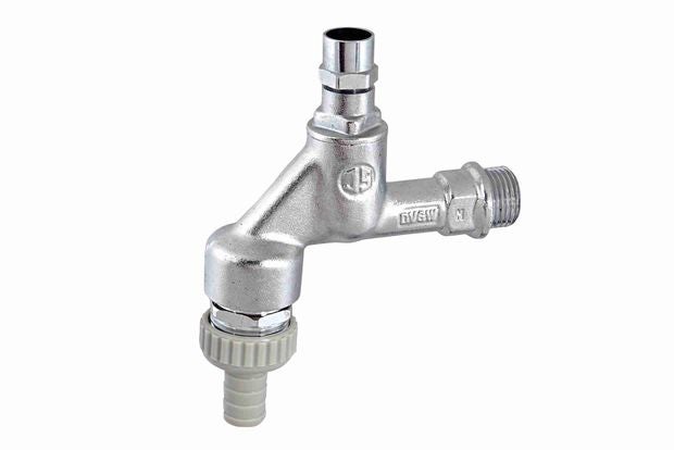 Auslaufventil aus Metall mit Schlauchanschluss und Außengewinde.